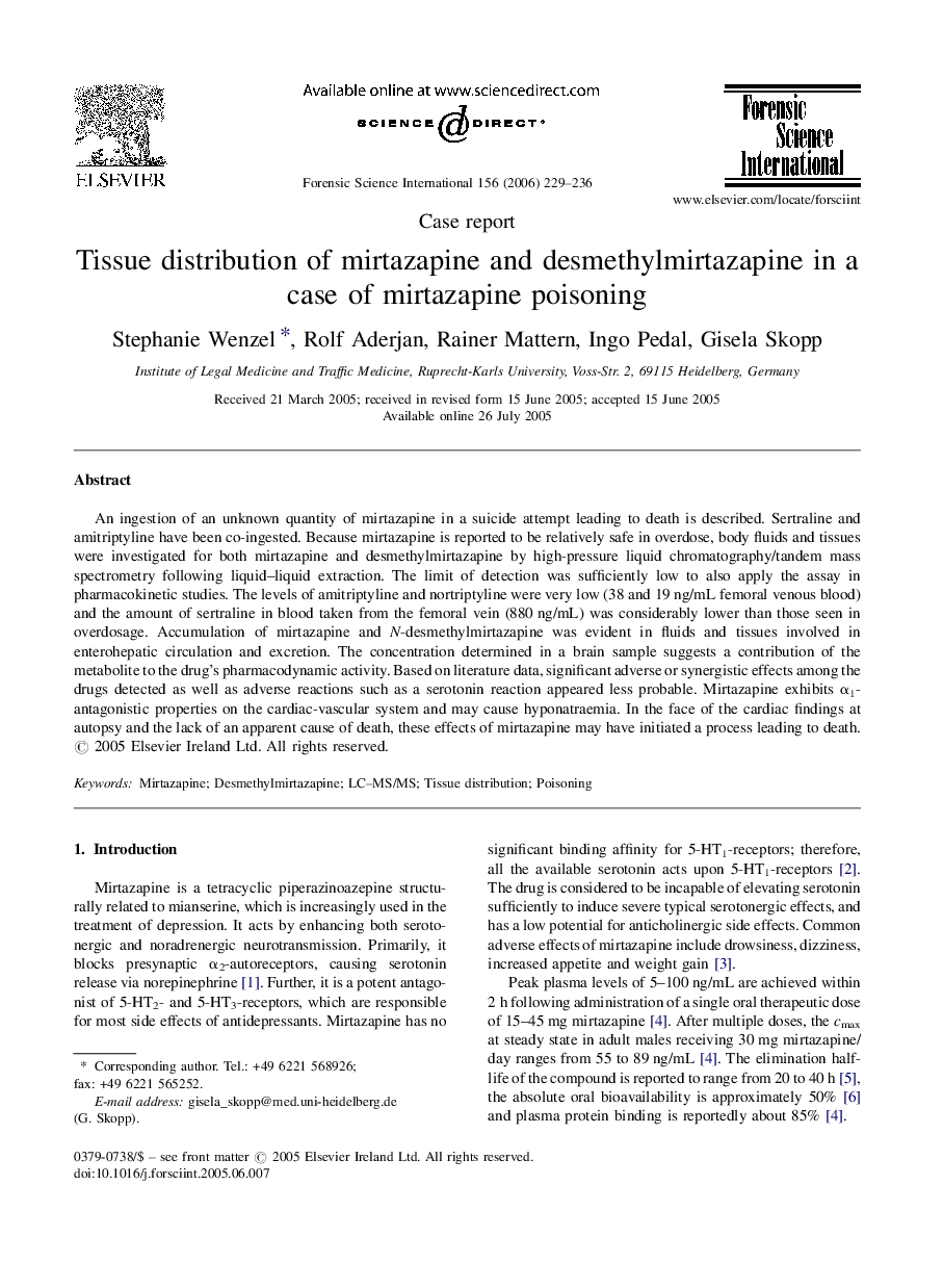 Tissue distribution of mirtazapine and desmethylmirtazapine in a case of mirtazapine poisoning