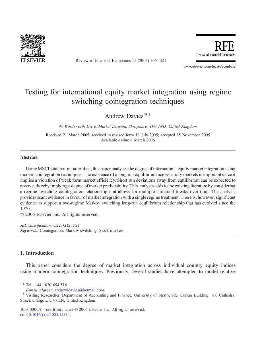 Testing for international equity market integration using regime switching cointegration techniques