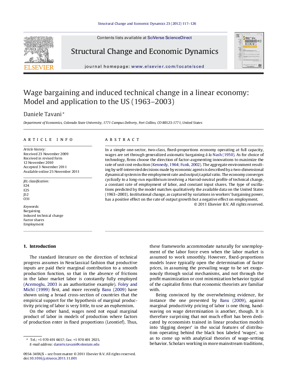 Wage bargaining and induced technical change in a linear economy: Model and application to the US (1963-2003)