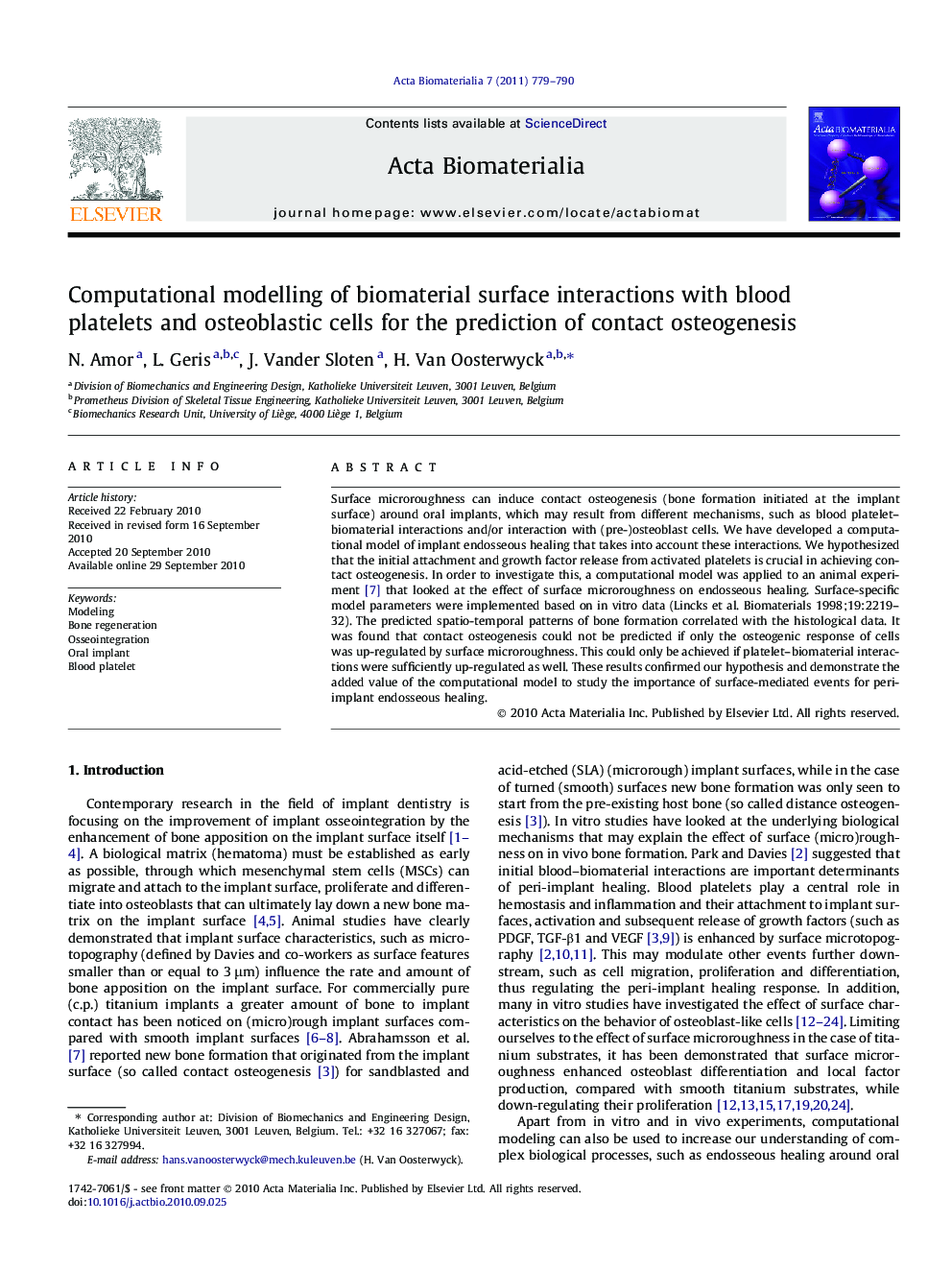 Computational modelling of biomaterial surface interactions with blood platelets and osteoblastic cells for the prediction of contact osteogenesis