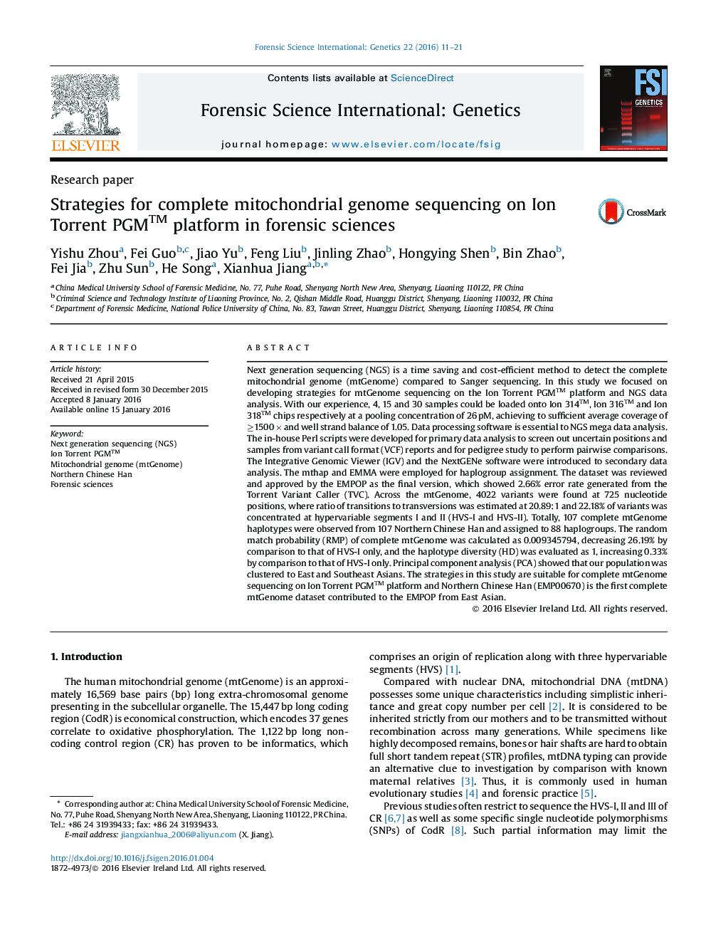 Strategies for complete mitochondrial genome sequencing on Ion Torrent PGM™ platform in forensic sciences