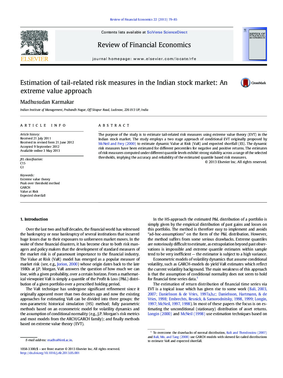 Estimation of tail-related risk measures in the Indian stock market: An extreme value approach