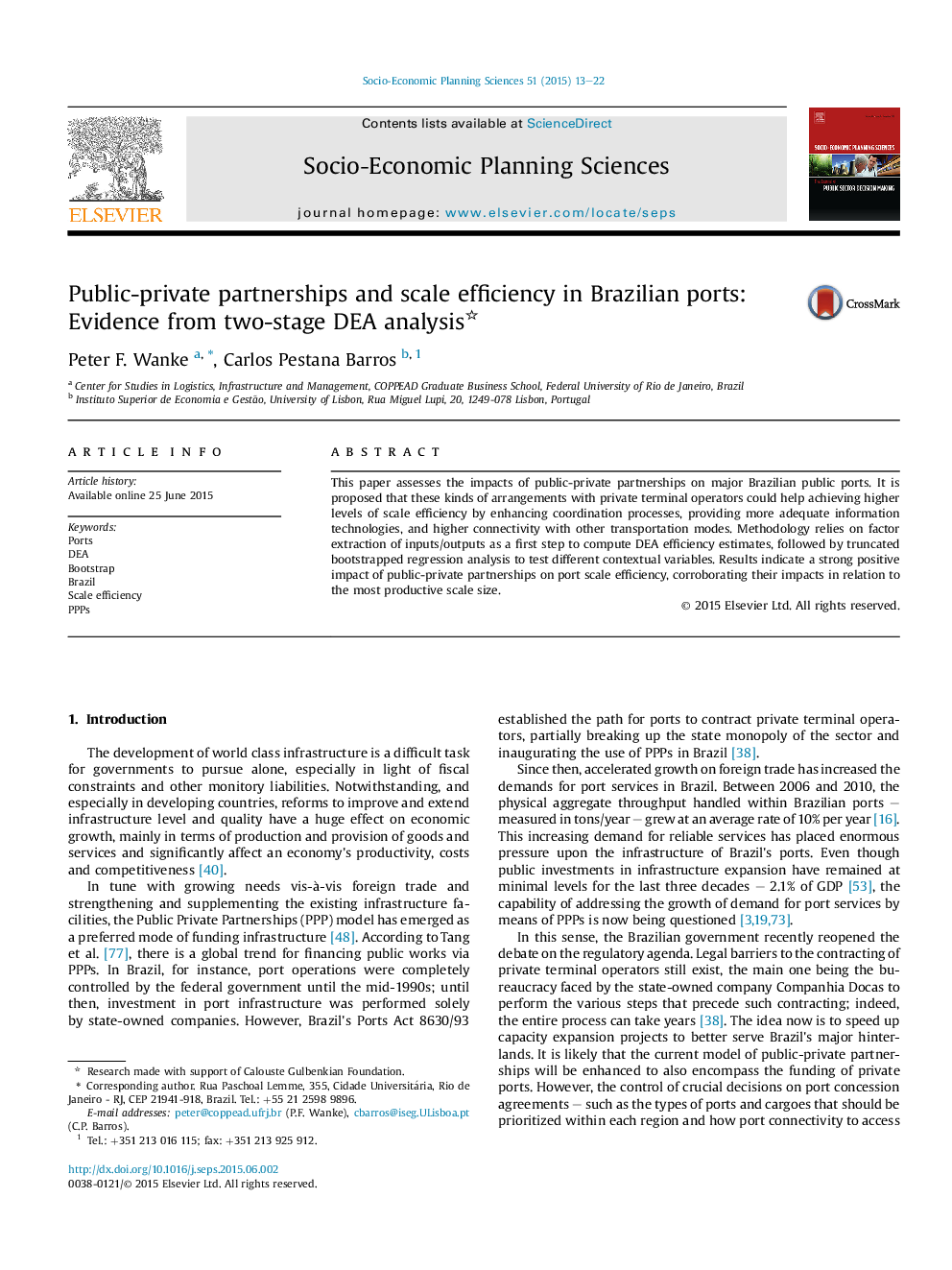 Public-private partnerships and scale efficiency in Brazilian ports: Evidence from two-stage DEA analysis 