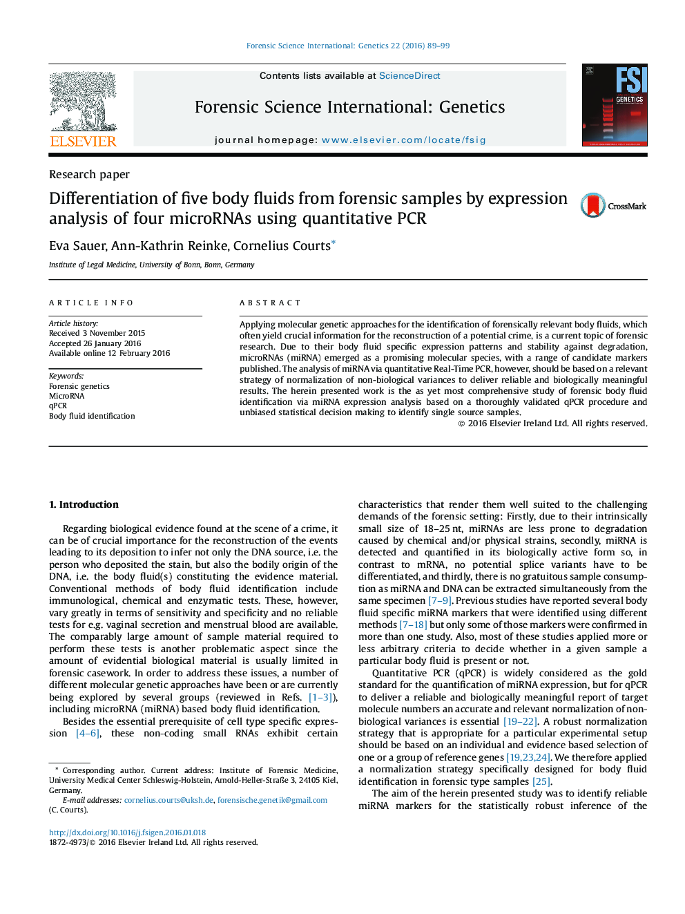 Differentiation of five body fluids from forensic samples by expression analysis of four microRNAs using quantitative PCR