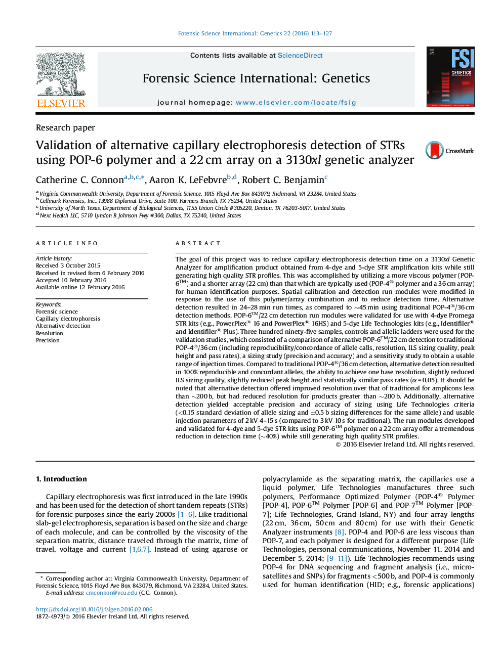 Validation of alternative capillary electrophoresis detection of STRs using POP-6 polymer and a 22 cm array on a 3130xl genetic analyzer