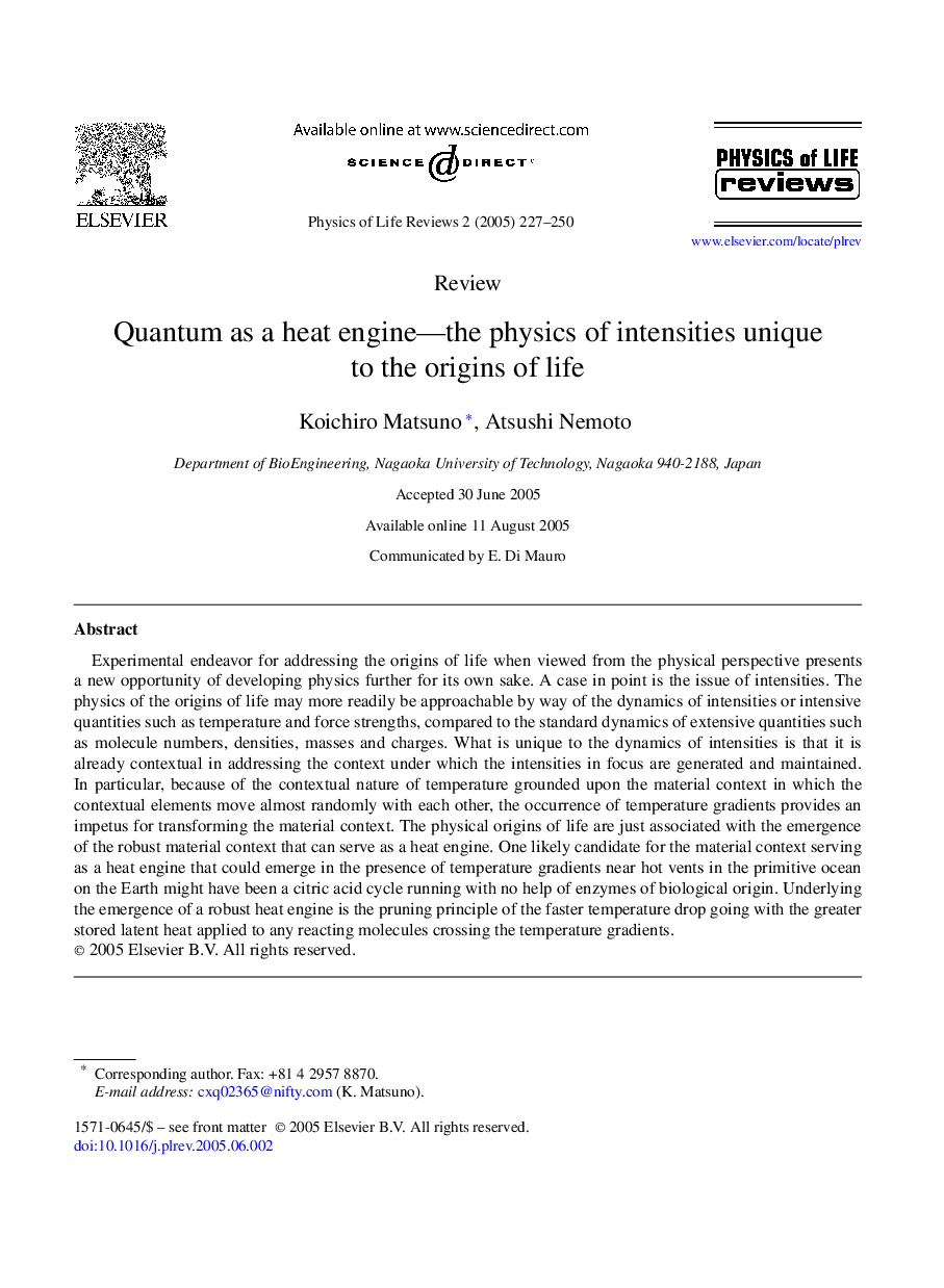 Quantum as a heat engine-the physics of intensities unique to the origins of life