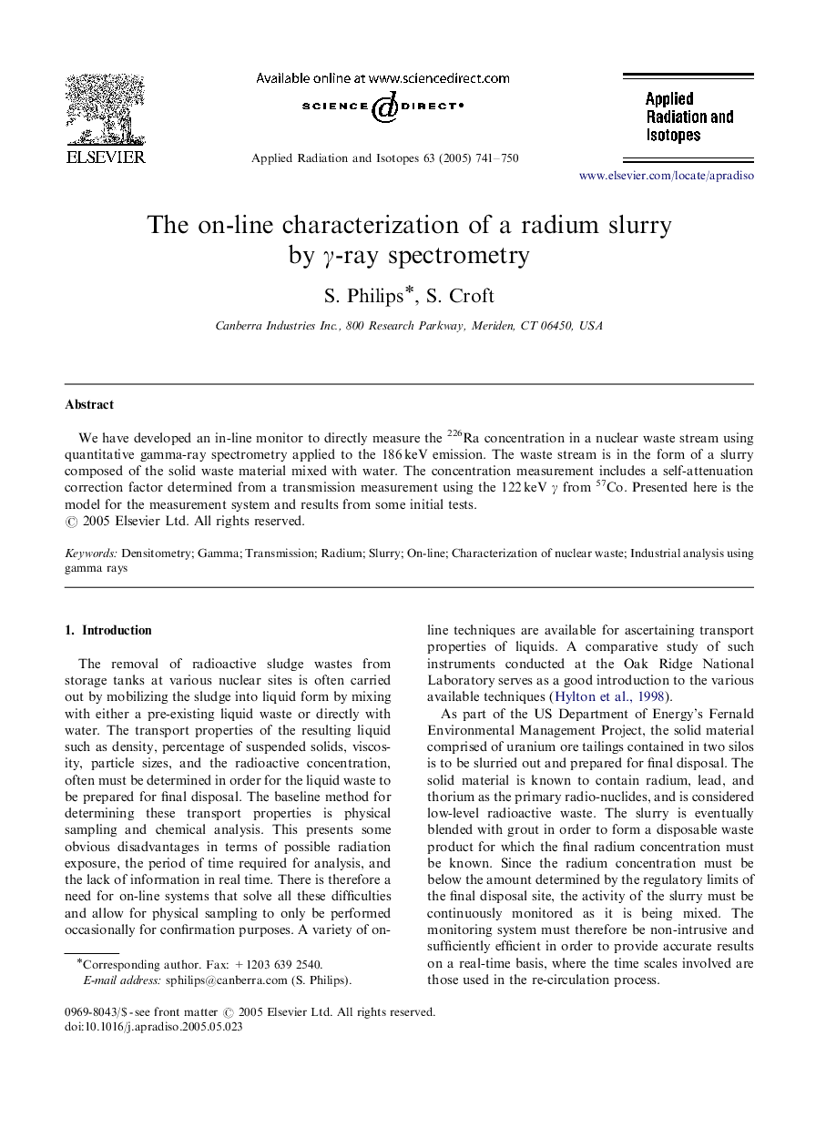 The on-line characterization of a radium slurry by Î³-ray spectrometry