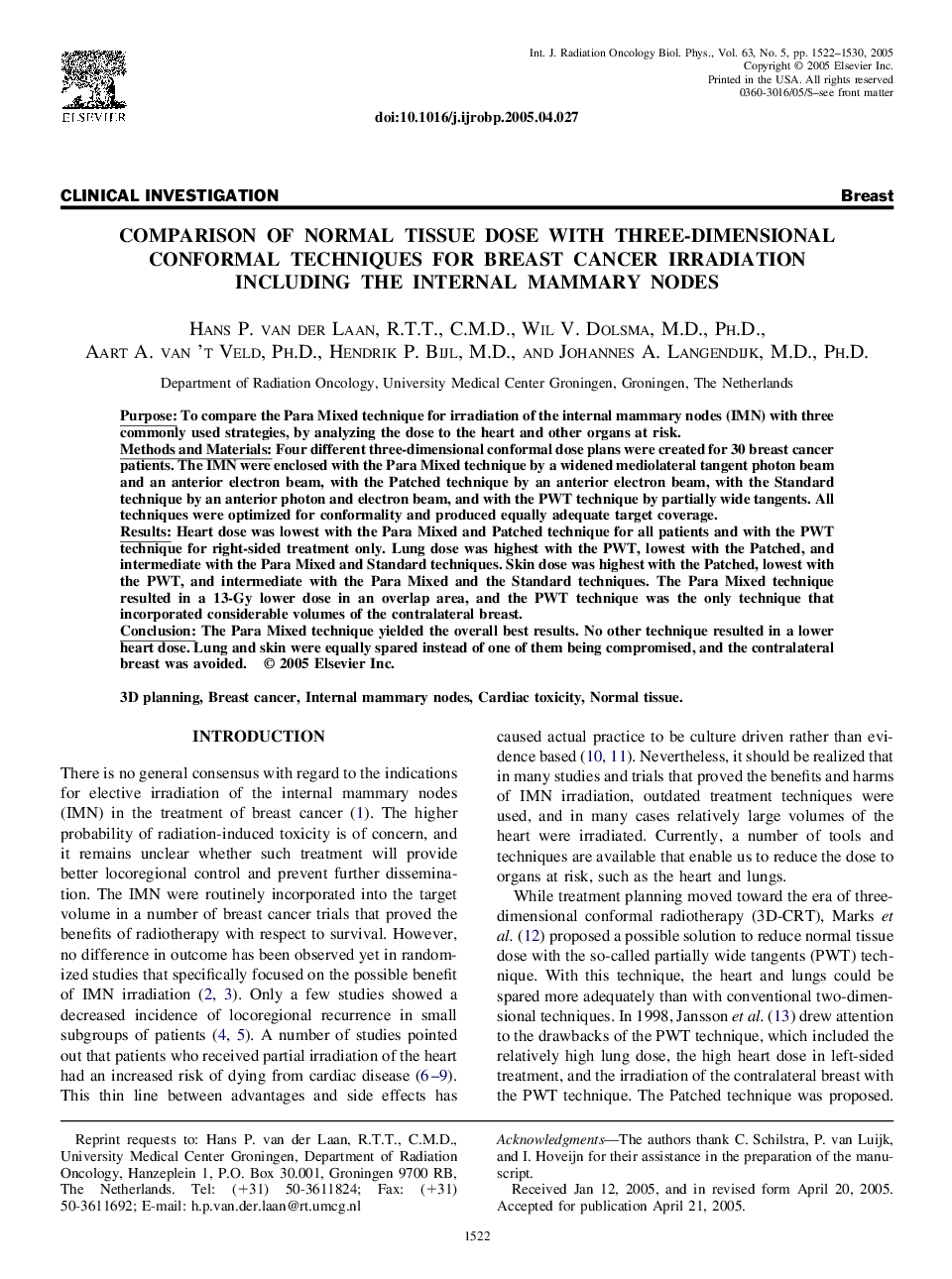 Comparison of normal tissue dose with three-dimensional conformal techniques for breast cancer irradiation including the internal mammary nodes