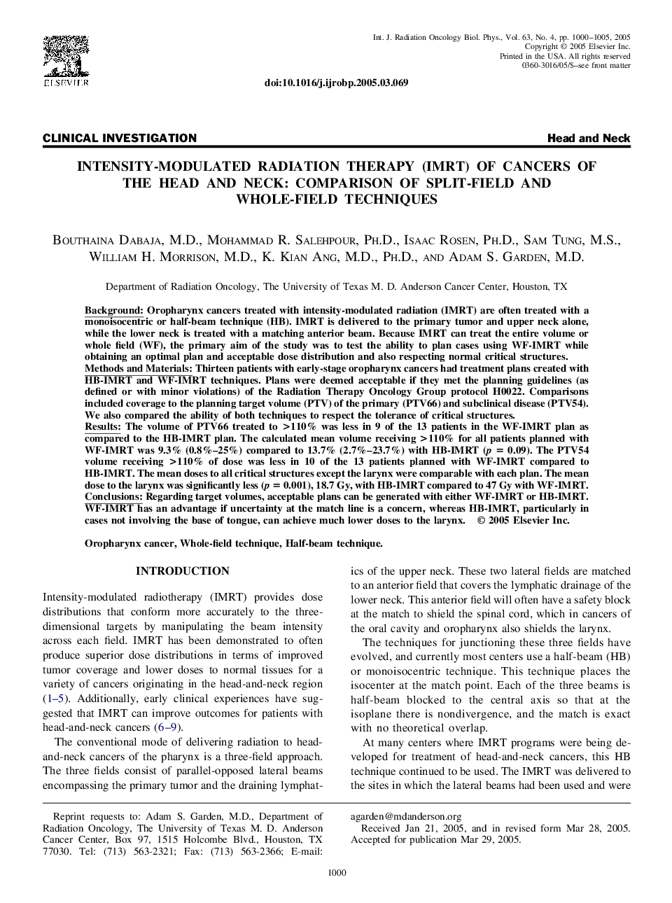 Intensity-modulated radiation therapy (IMRT) of cancers of the head and neck: Comparison of split-field and whole-field techniques