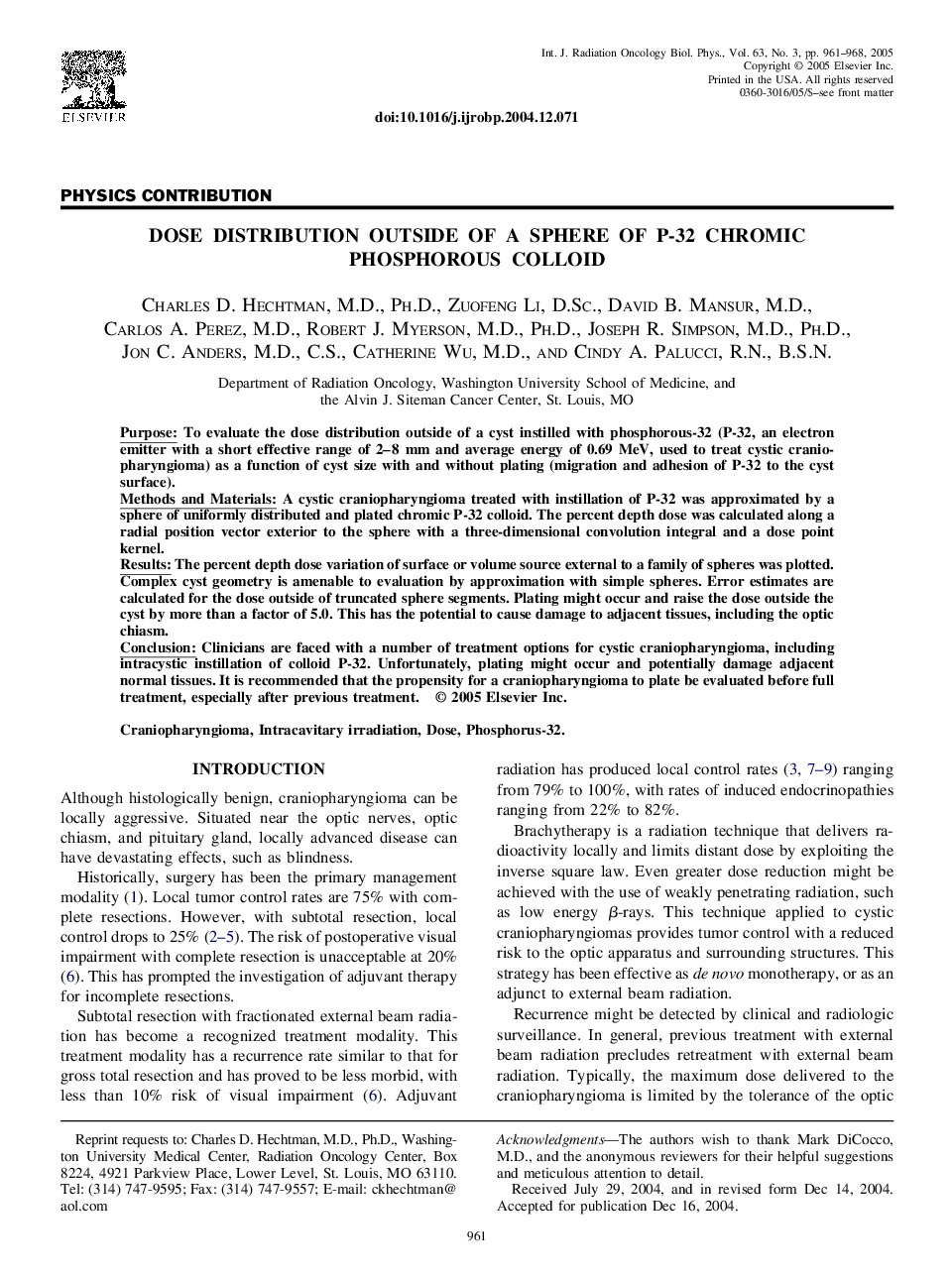 Dose distribution outside of a sphere of P-32 chromic phosphorous colloid