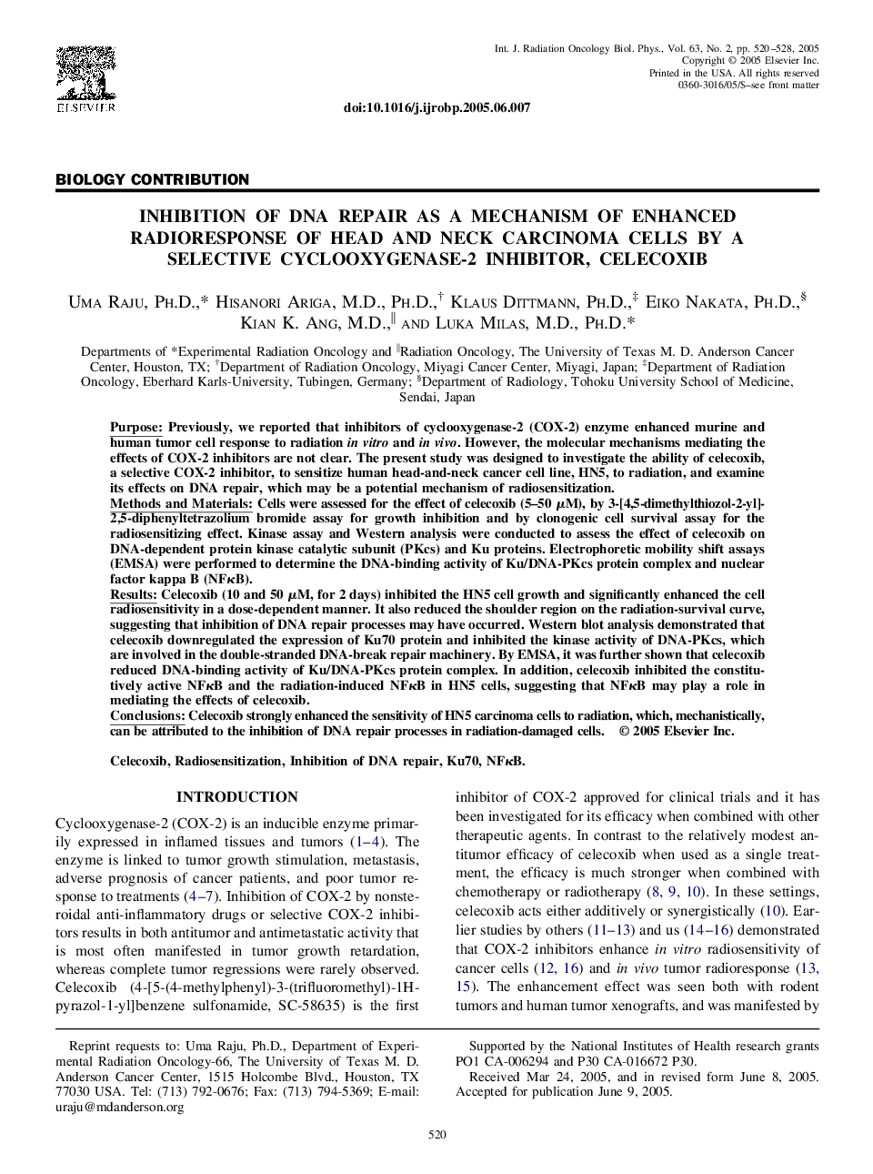 Inhibition of DNA repair as a mechanism of enhanced radioresponse of head and neck carcinoma cells by a selective cyclooxygenase-2 inhibitor, celecoxib