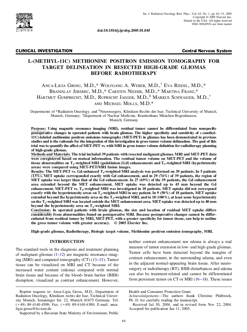 L-(methyl-11C) methionine positron emission tomography for target delineation in resected high-grade gliomas before radiotherapy