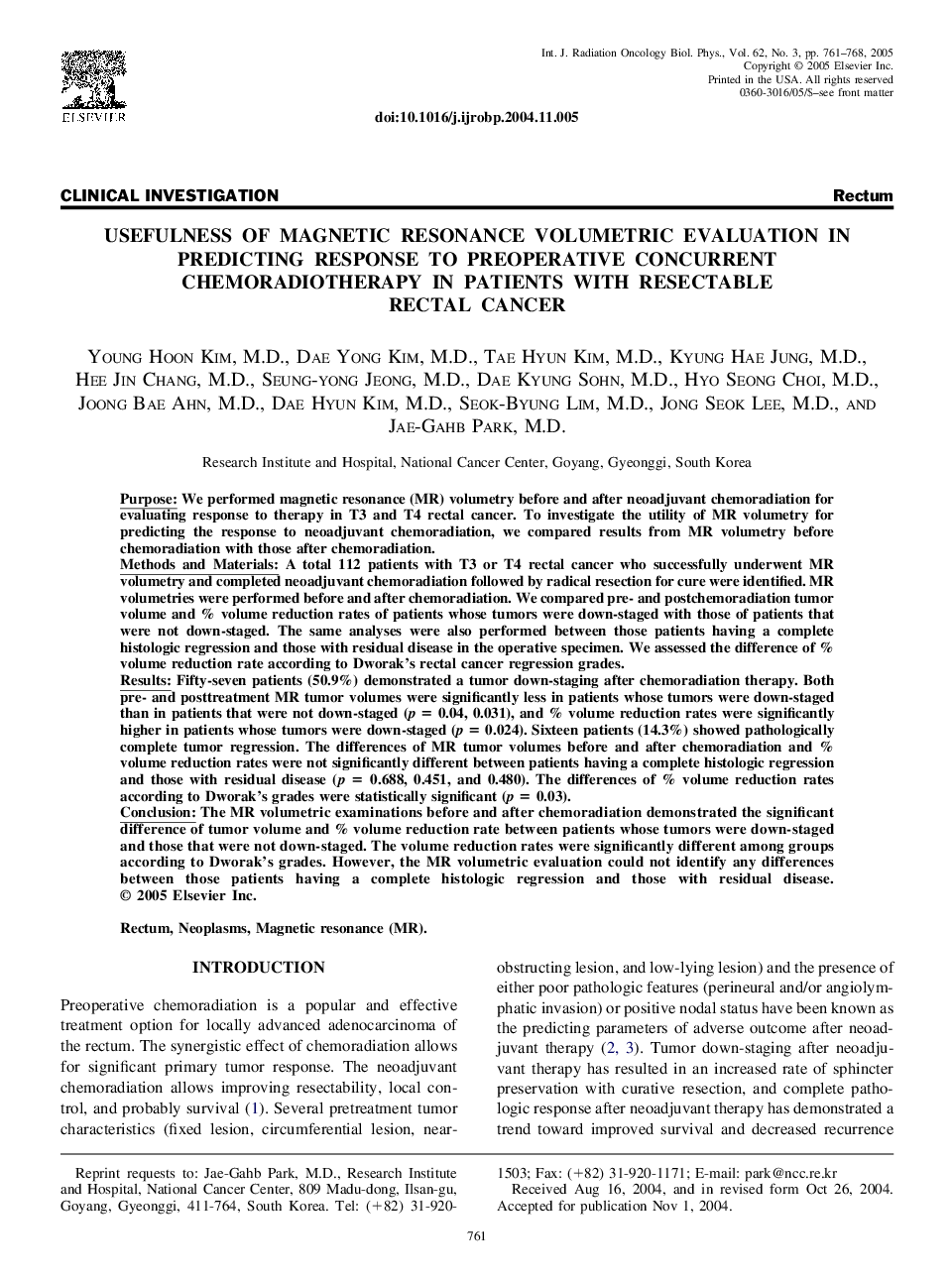 Usefulness of magnetic resonance volumetric evaluation in predicting response to preoperative concurrent chemoradiotherapy in patients with resectable rectal cancer