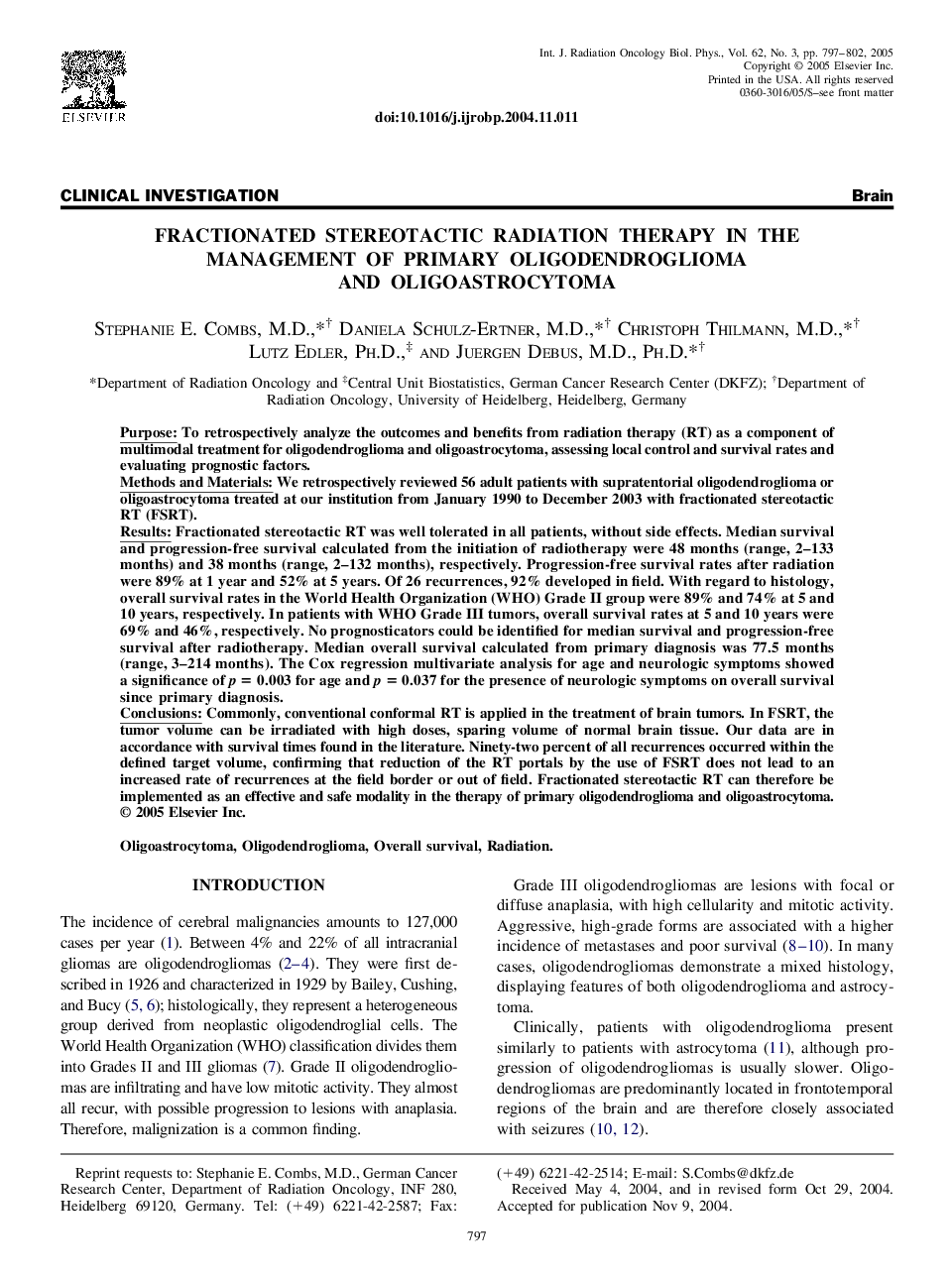 Fractionated stereotactic radiation therapy in the management of primary oligodendroglioma and oligoastrocytoma