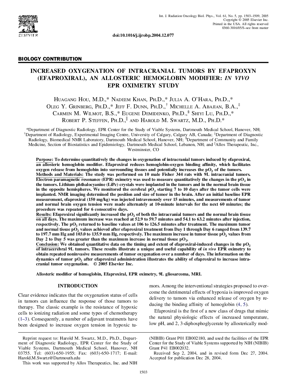 Increased oxygenation of intracranial tumors by efaproxyn (efaproxiral), an allosteric hemoglobin modifier: In vivo EPR oximetry study