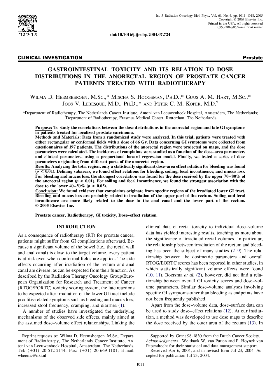 عکس صفحه اول مقاله: Gastrointestinal toxicity and its relation to dose distributions in the anorectal region of prostate cancer patients treated with radiotherapy Gastrointestinal toxicity and its relation to dose distributions in the anorectal region of prostate cancer patients treated with radiotherapy
