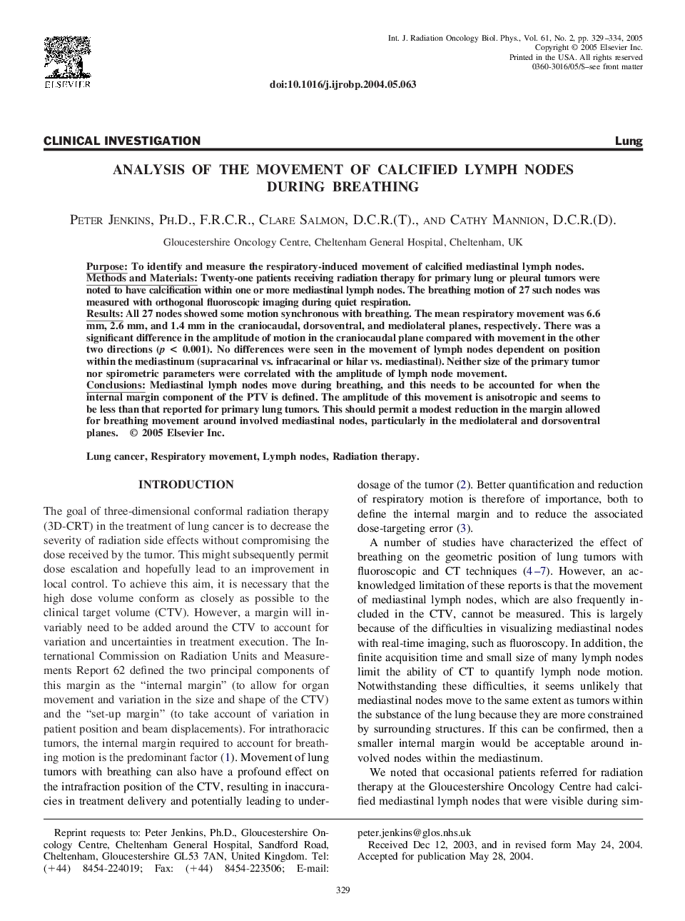 Analysis of the movement of calcified lymph nodes during breathing