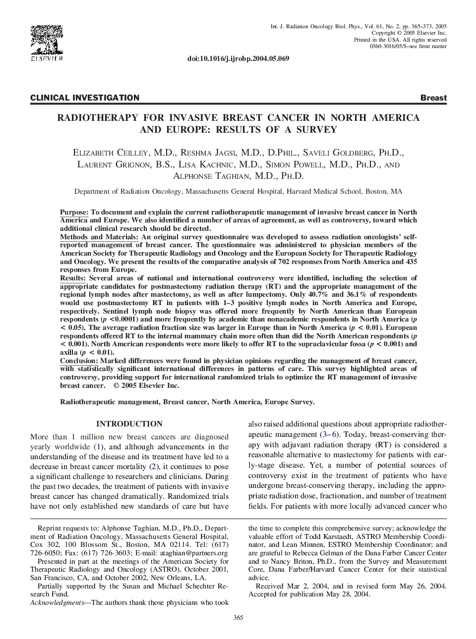 Radiotherapy for invasive breast cancer in North America and Europe: Results of a survey