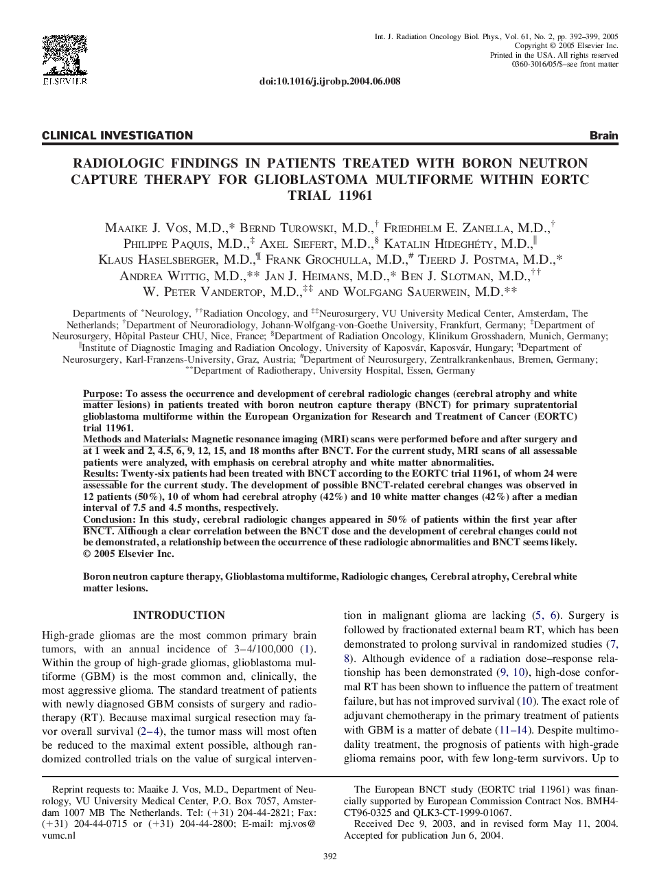 Radiologic findings in patients treated with boron neutron capture therapy for glioblastoma multiforme within EORTC trial 11961