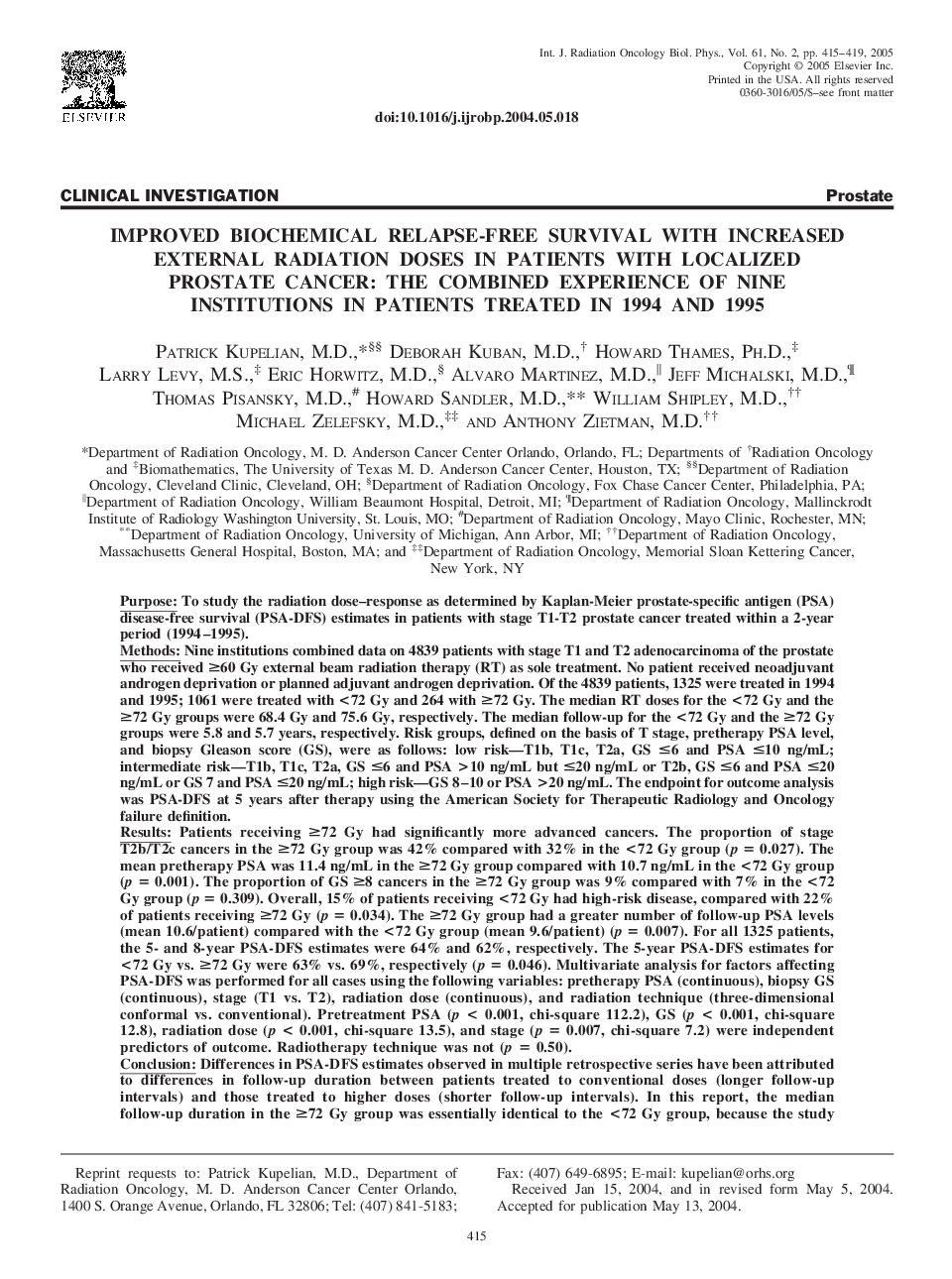 Improved biochemical relapse-free survival with increased external radiation doses in patients with localized prostate cancer: The combined experience of nine institutions in patients treated in 1994 and 1995