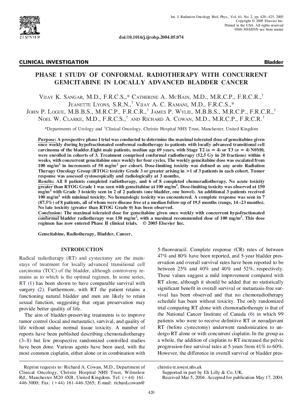 Phase I study of conformal radiotherapy with concurrent gemcitabine in locally advanced bladder cancer