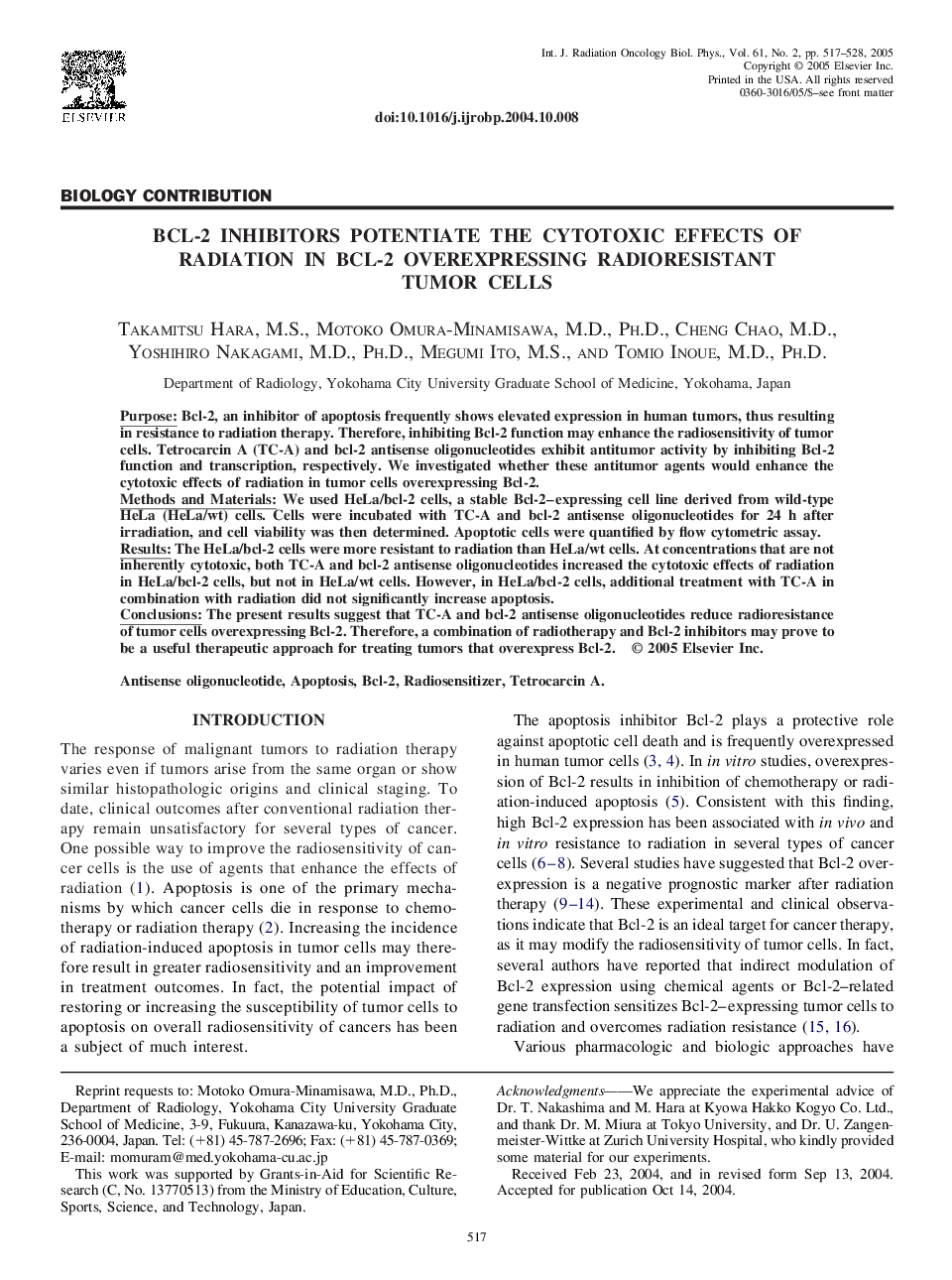 Bcl-2 inhibitors potentiate the cytotoxic effects of radiation in Bcl-2 overexpressing radioresistant tumor cells