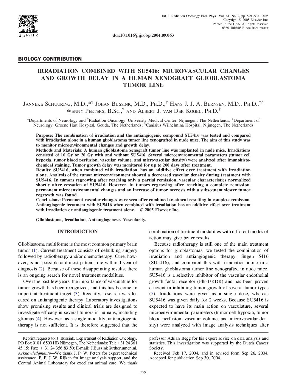 Irradiation combined with SU5416: Microvascular changes and growth delay in a human xenograft glioblastoma tumor line