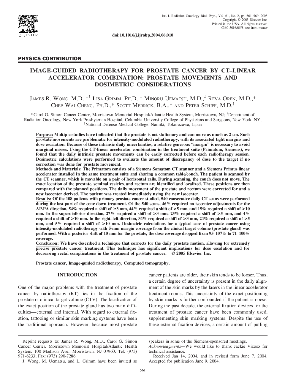 Image-guided radiotherapy for prostate cancer by CT-linear accelerator combination: Prostate movements and dosimetric considerations