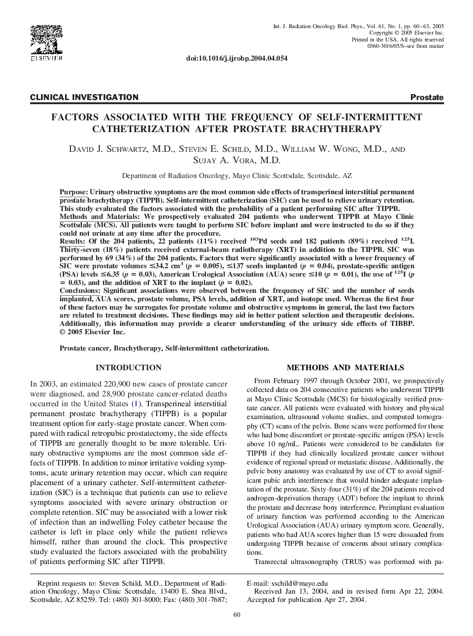 Factors associated with the frequency of self-intermittent catheterization after prostate brachytherapy