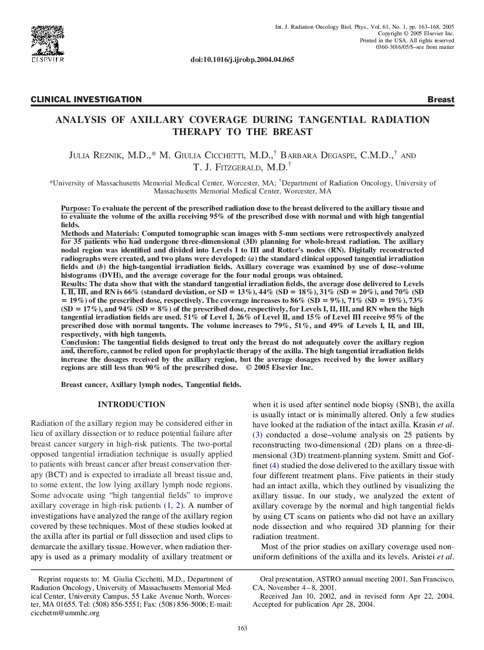 Analysis of axillary coverage during tangential radiation therapy to the breast