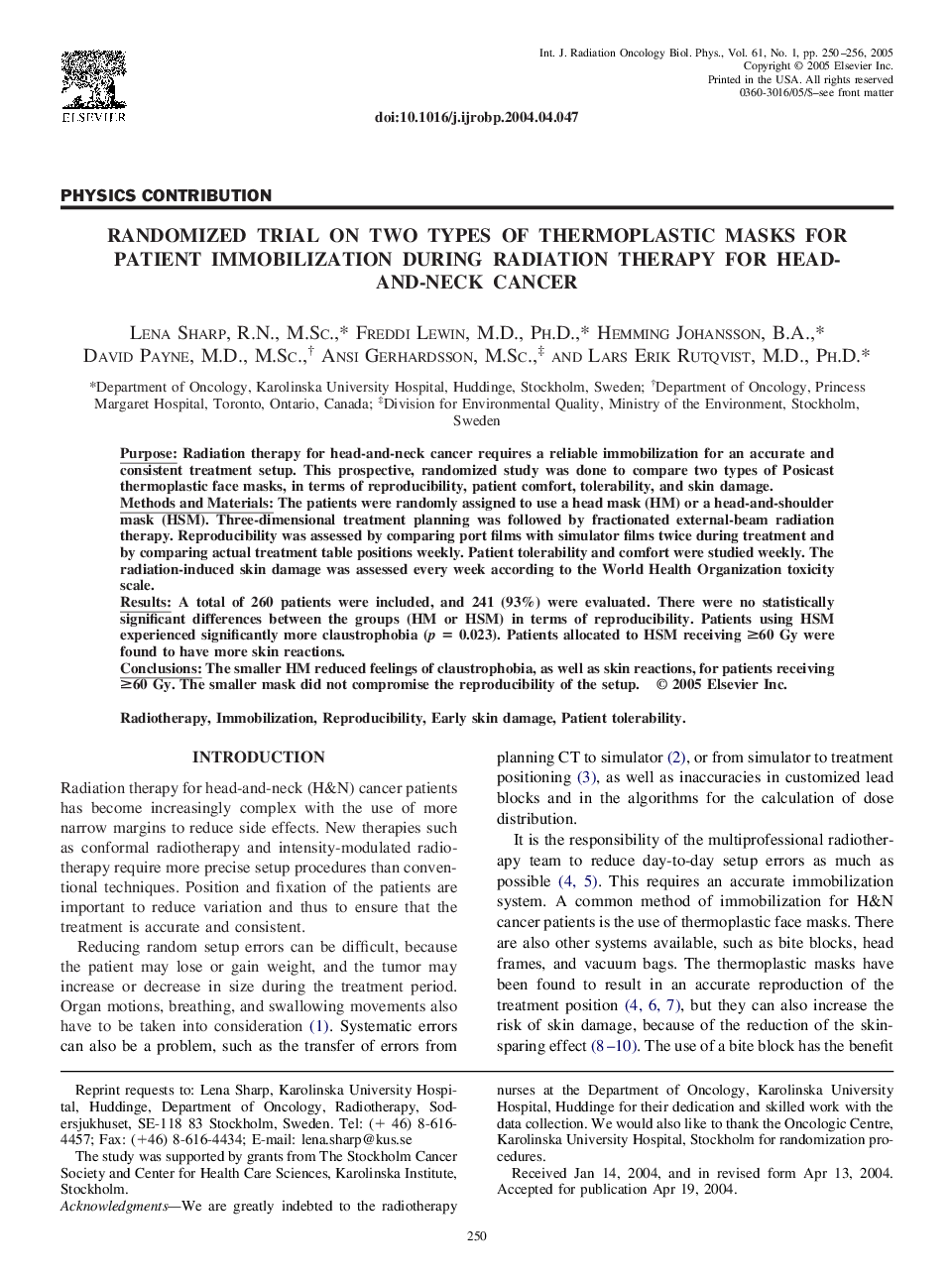 Randomized trial on two types of thermoplastic masks for patient immobilization during radiation therapy for head-and-neck cancer