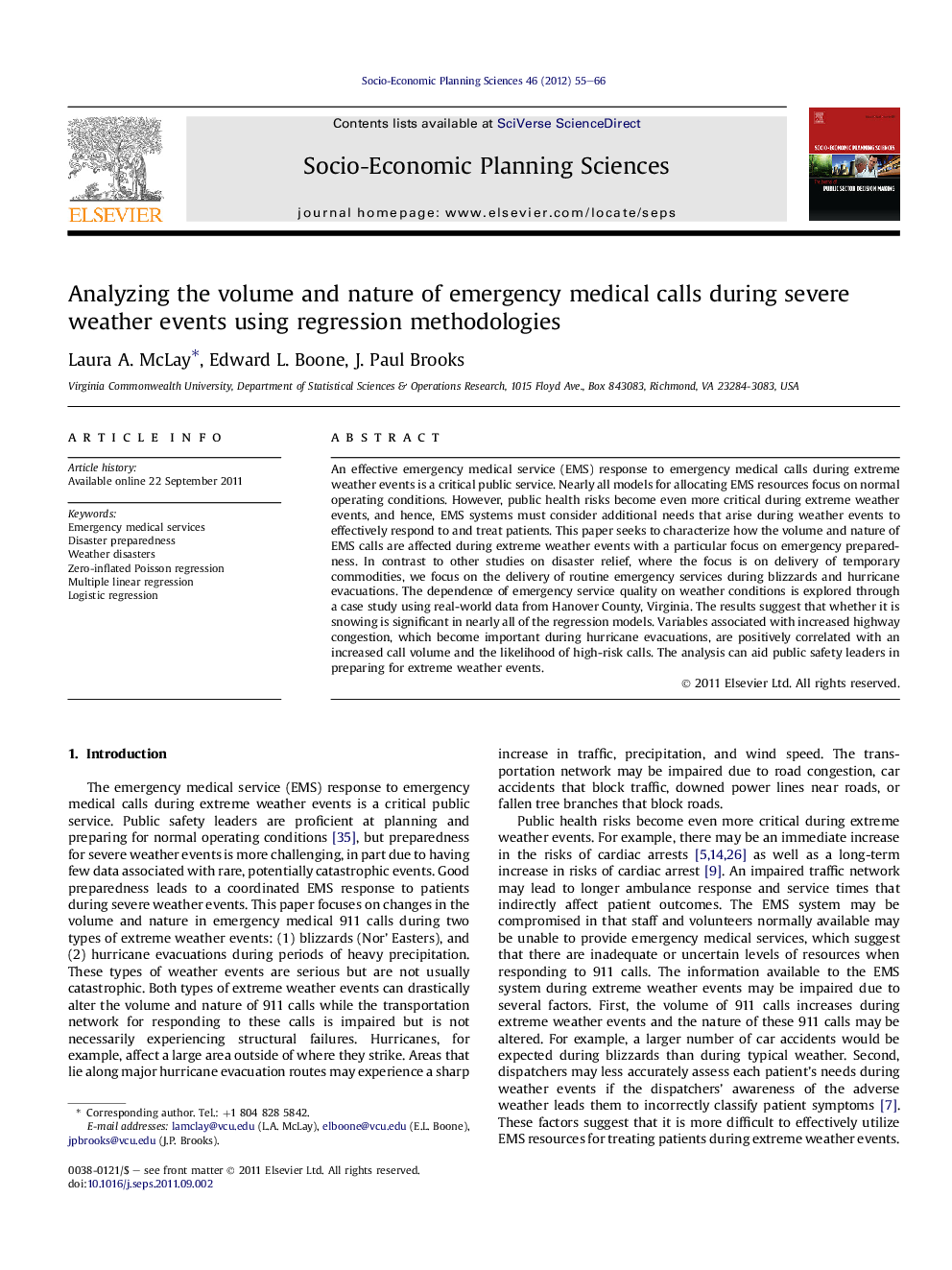 Analyzing the volume and nature of emergency medical calls during severe weather events using regression methodologies