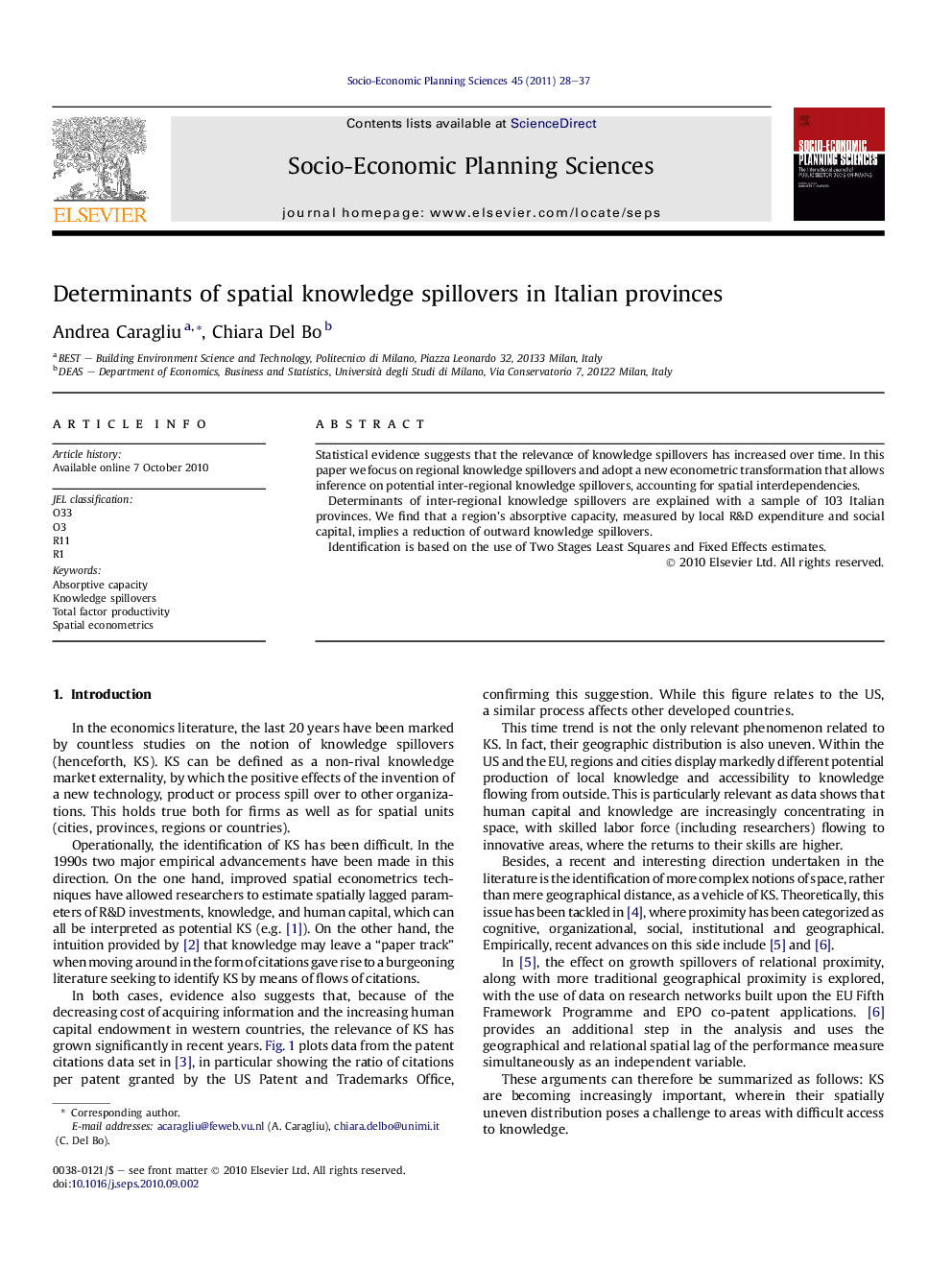 Determinants of spatial knowledge spillovers in Italian provinces