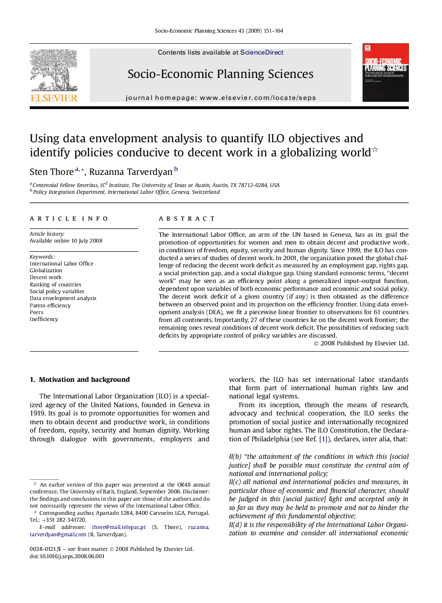 Using data envelopment analysis to quantify ILO objectives and identify policies conducive to decent work in a globalizing world 