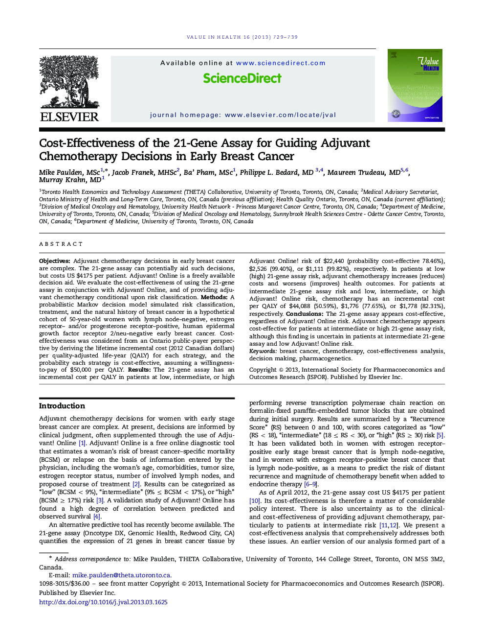 Cost-Effectiveness of the 21-Gene Assay for Guiding Adjuvant Chemotherapy Decisions in Early Breast Cancer