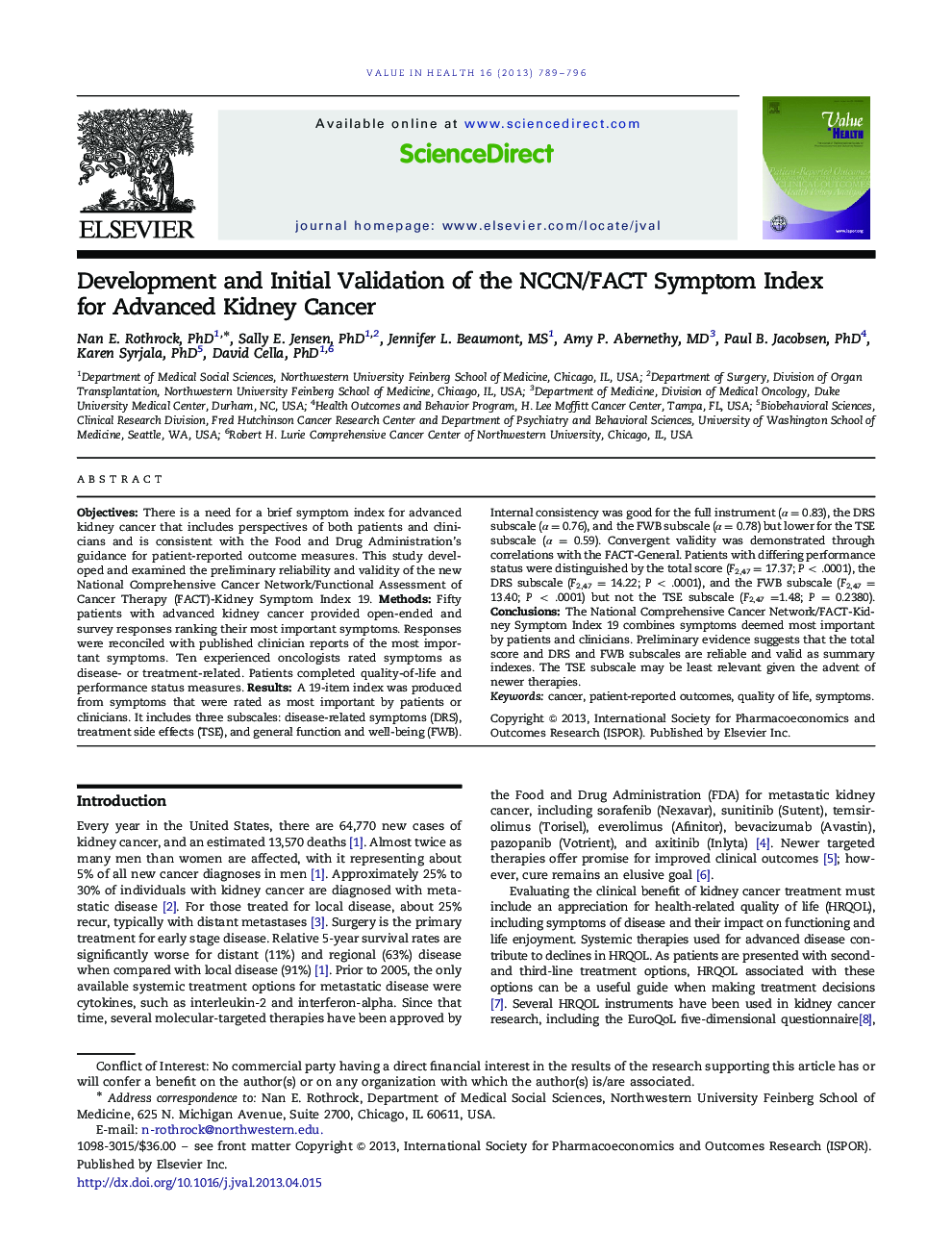 Development and Initial Validation of the NCCN/FACT Symptom Index for Advanced Kidney Cancer 