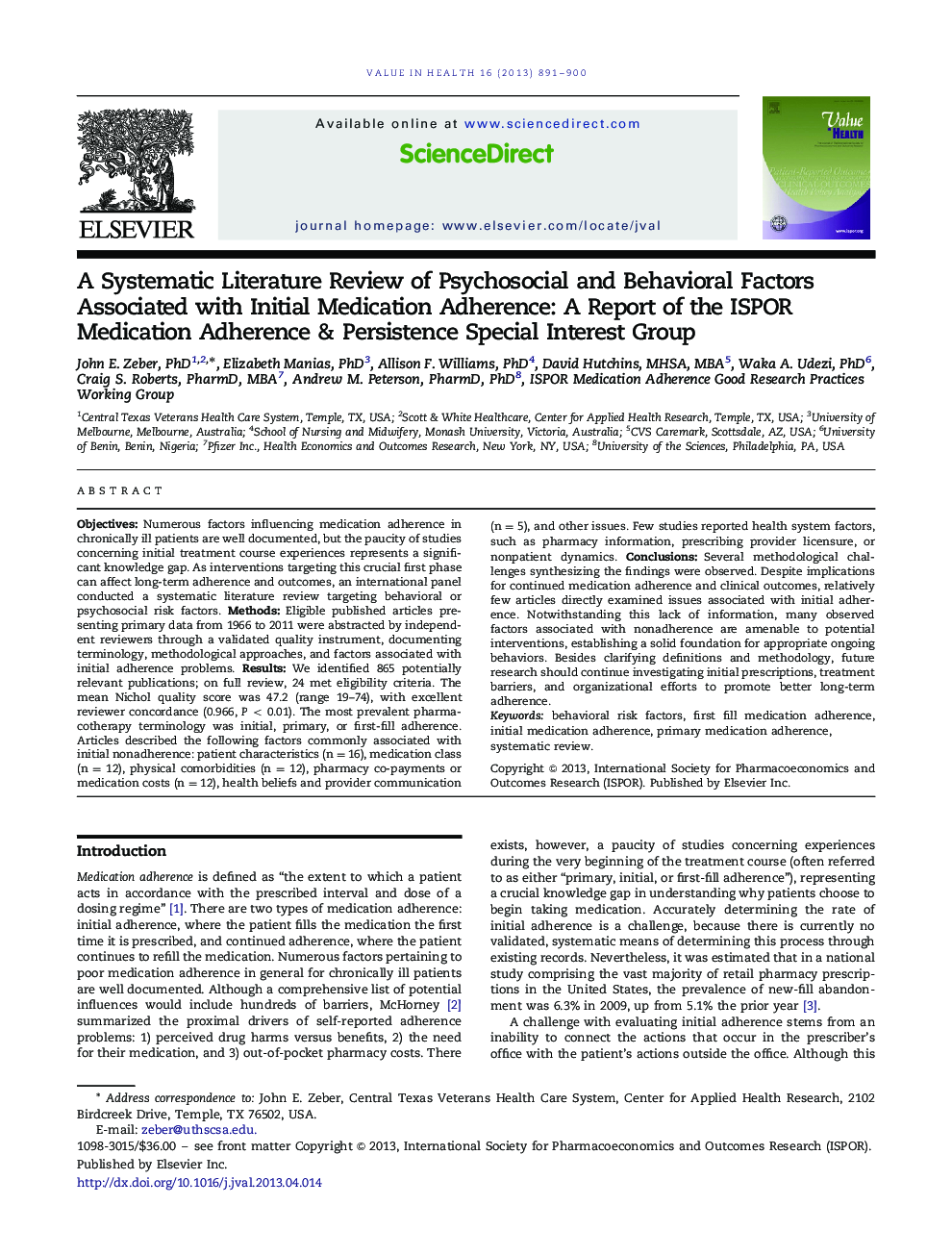 A Systematic Literature Review of Psychosocial and Behavioral Factors Associated with Initial Medication Adherence: A Report of the ISPOR Medication Adherence & Persistence Special Interest Group