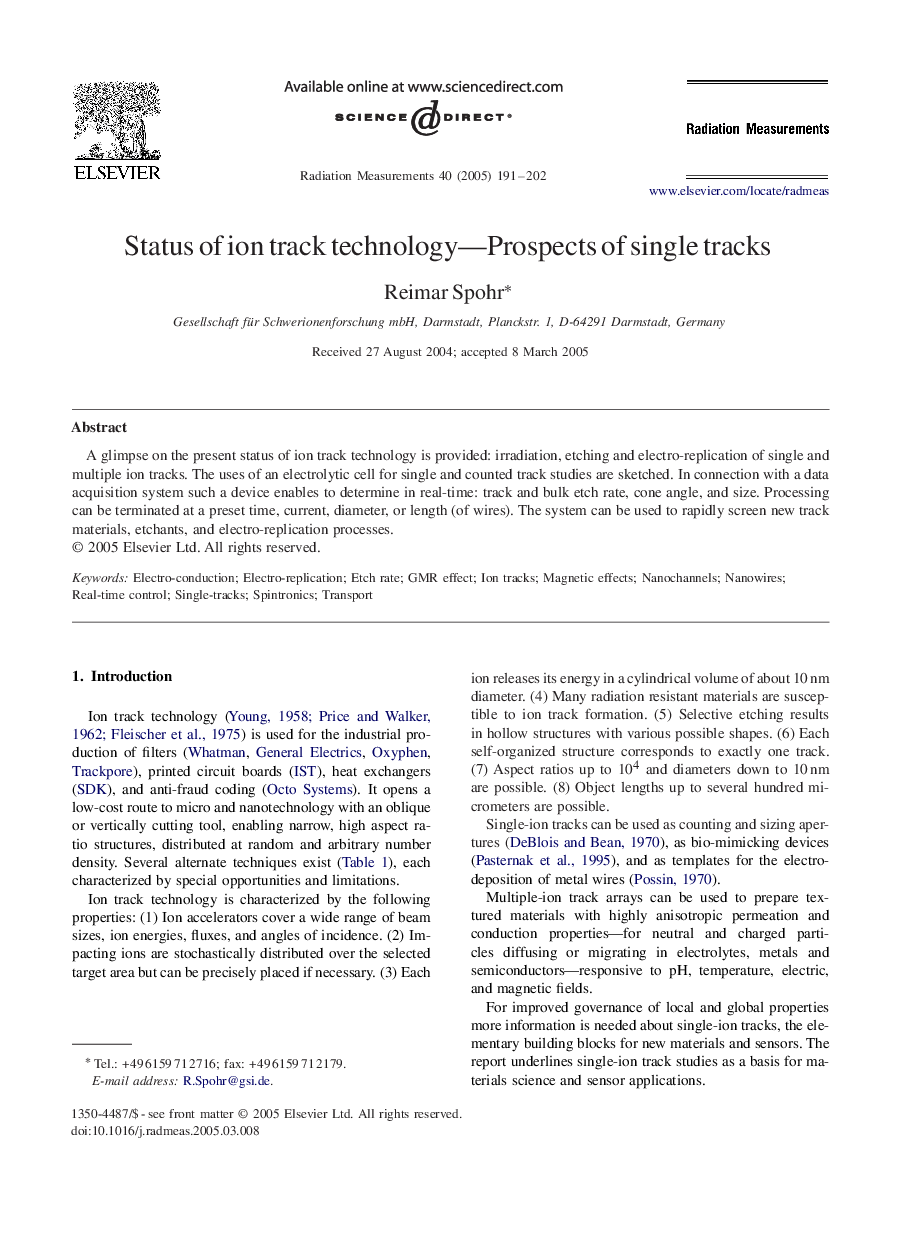 Status of ion track technology-Prospects of single tracks