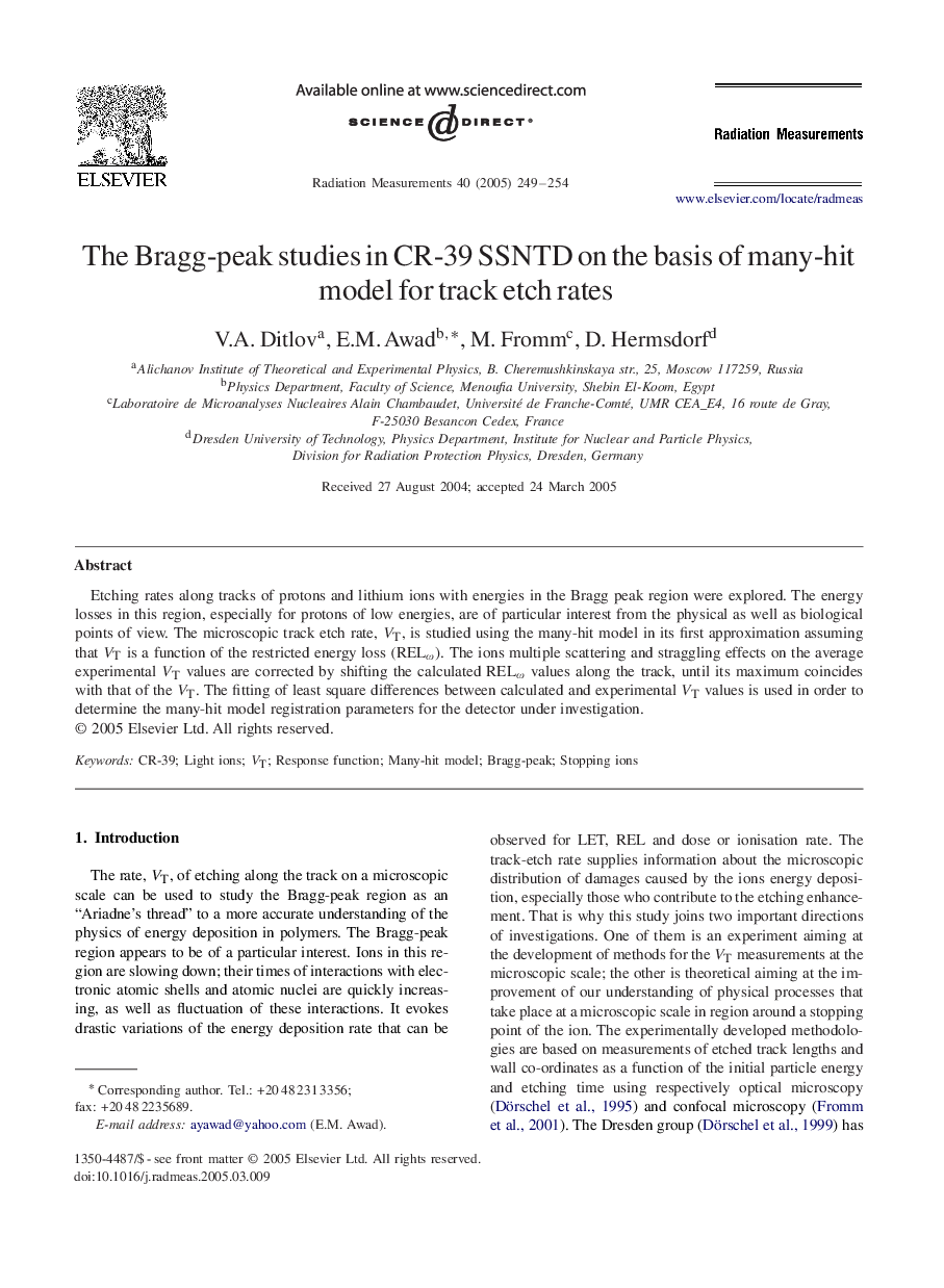 The Bragg-peak studies in CR-39 SSNTD on the basis of many-hit model for track etch rates