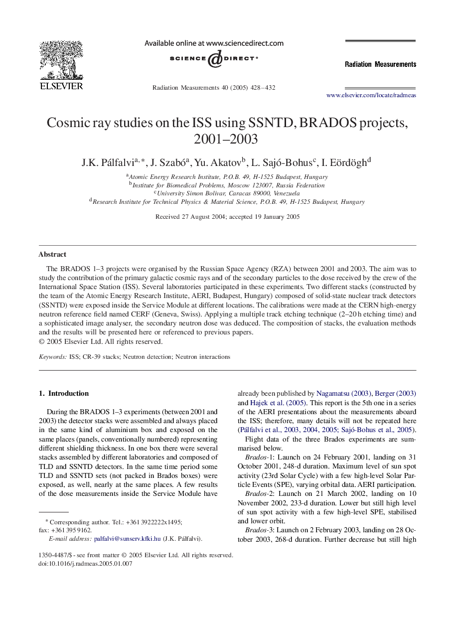 Cosmic ray studies on the ISS using SSNTD, BRADOS projects, 2001-2003