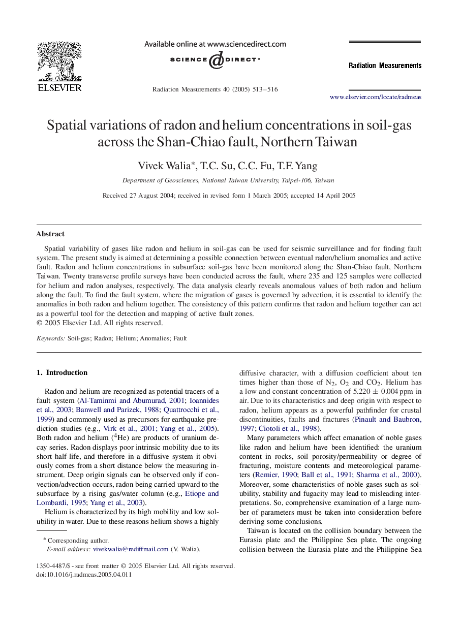 Spatial variations of radon and helium concentrations in soil-gas across the Shan-Chiao fault, Northern Taiwan