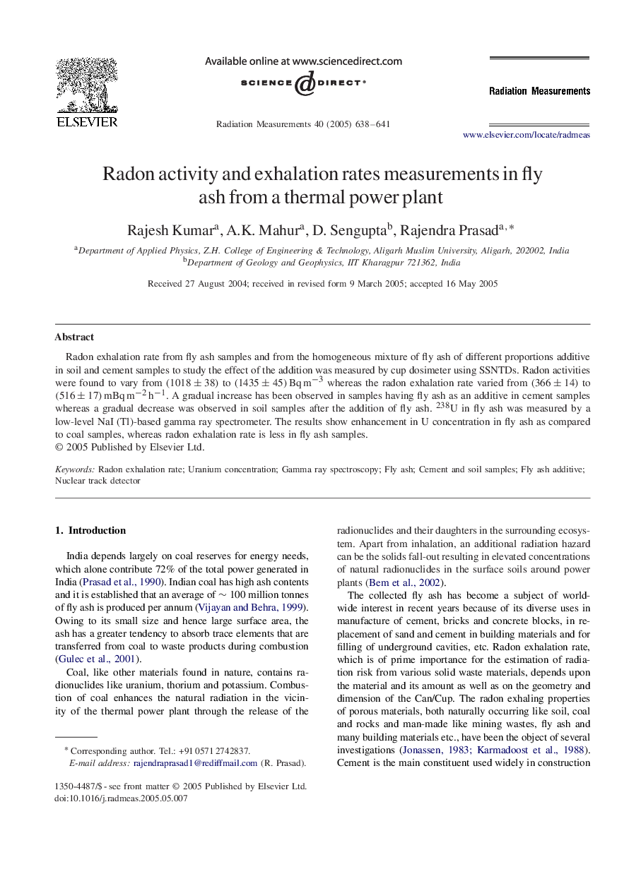 Radon activity and exhalation rates measurements in fly ash from a thermal power plant