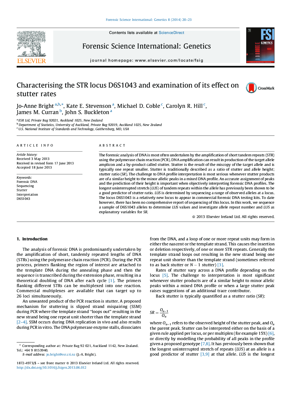 Characterising the STR locus D6S1043 and examination of its effect on stutter rates