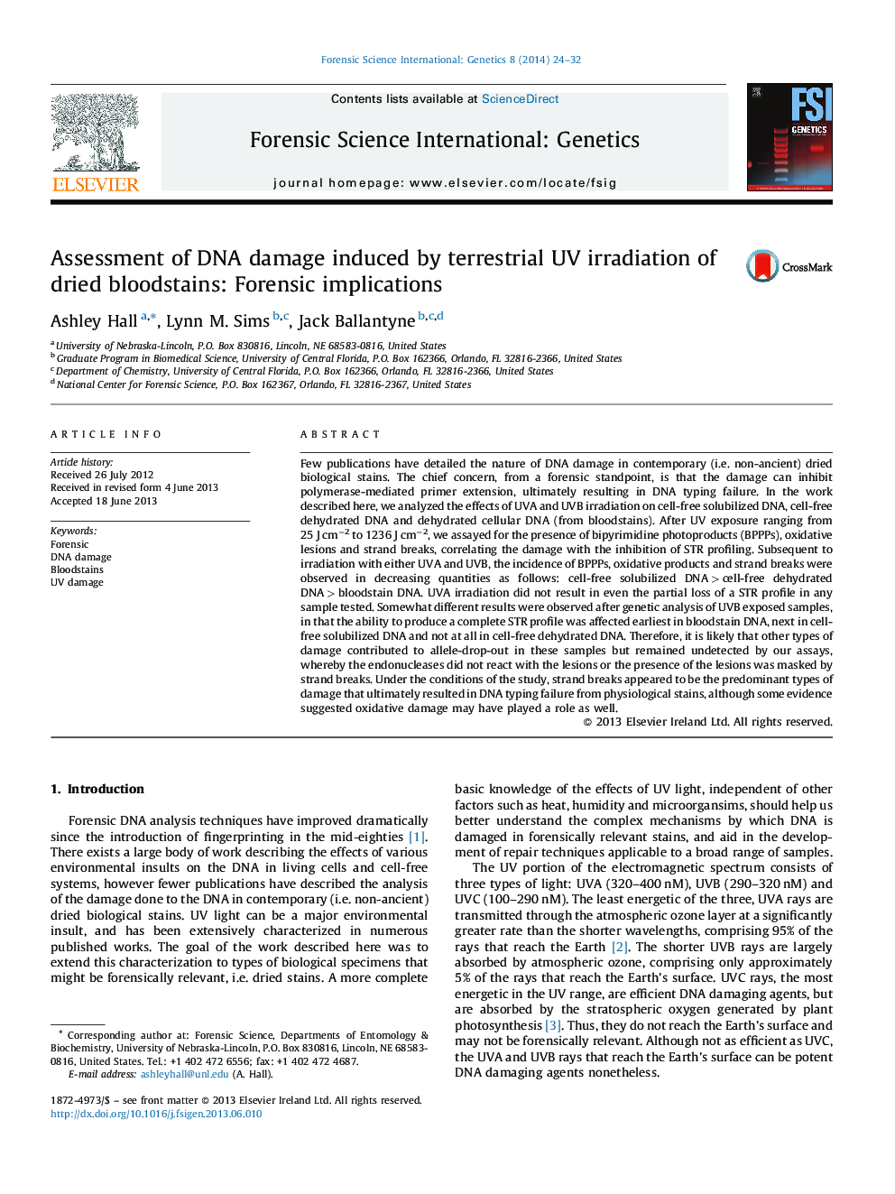 Assessment of DNA damage induced by terrestrial UV irradiation of dried bloodstains: Forensic implications