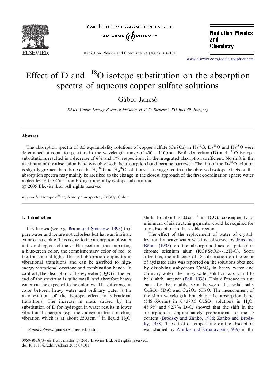 Effect of D and 18O isotope substitution on the absorption spectra of aqueous copper sulfate solutions