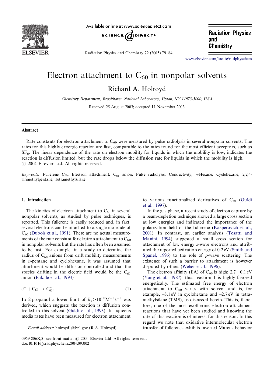 Electron attachment to C60 in nonpolar solvents