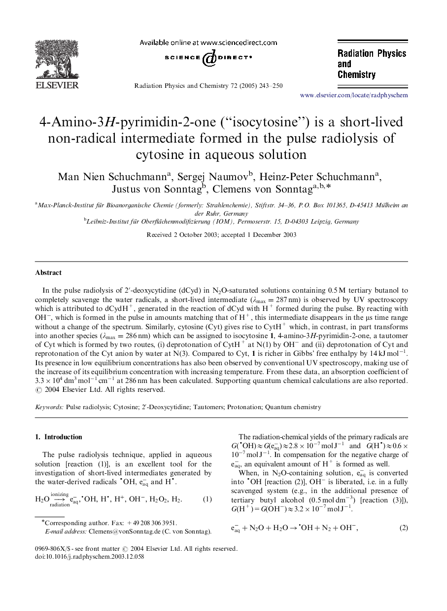 4-Amino-3H-pyrimidin-2-one (“isocytosine”) is a short-lived non-radical intermediate formed in the pulse radiolysis of cytosine in aqueous solution