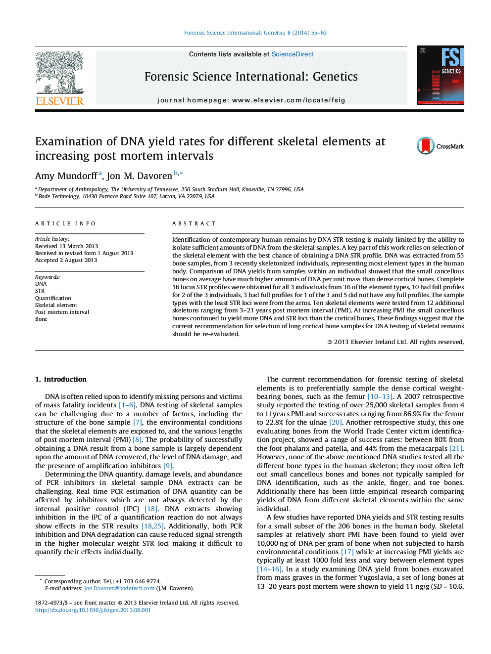 Examination of DNA yield rates for different skeletal elements at increasing post mortem intervals