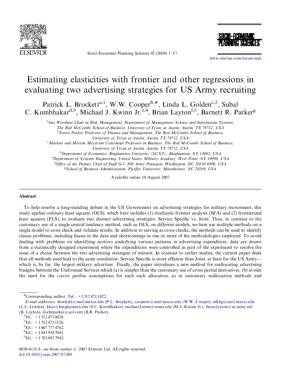 Estimating elasticities with frontier and other regressions in evaluating two advertising strategies for US Army recruiting