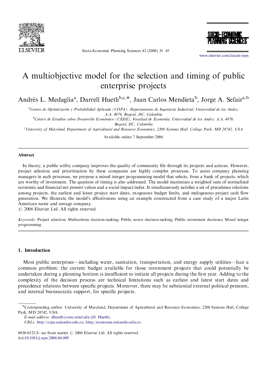 A multiobjective model for the selection and timing of public enterprise projects